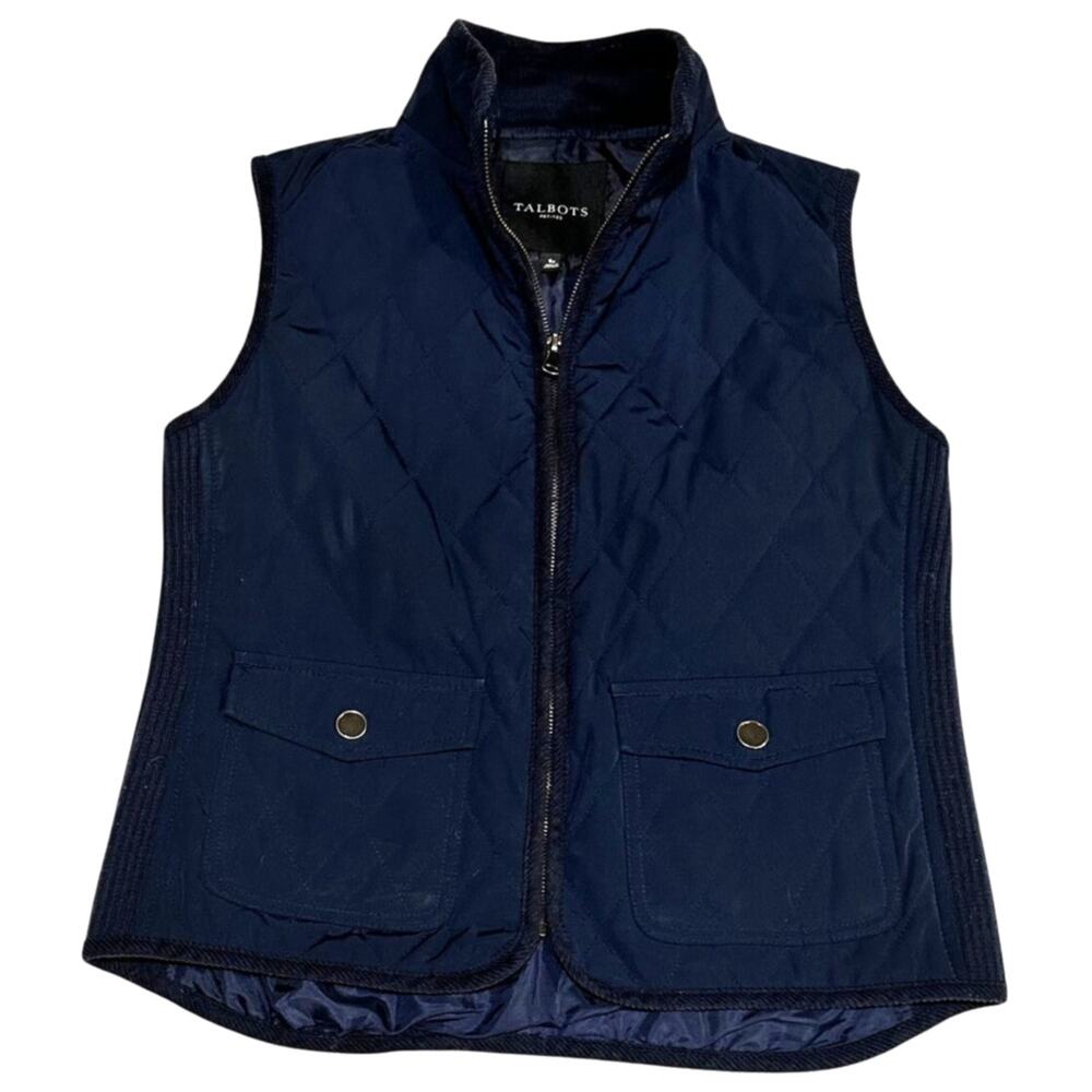 Talbots Petite Navy Blue Quilted Vest Snap pockets Size Small